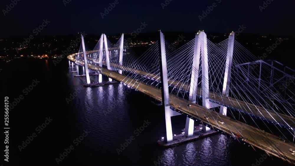 Drone footage of the new cable-stayed Tappan Zee bridge by night. Tappan Zee bridge spans Hudson river between Nyack and Tarrytown in New York State