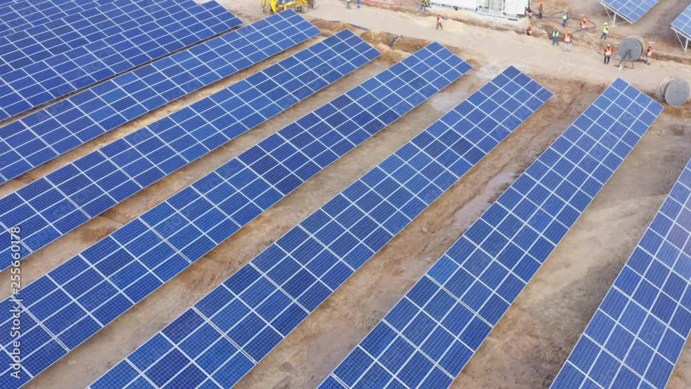 Aerial view of the solar panels rows at the industrial solar power