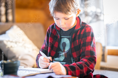 Boy at painting in the wooden house photo