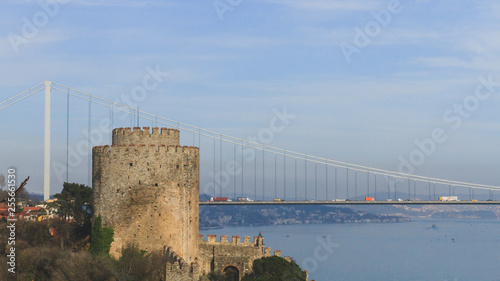 Ruins of Rumelian Castle against the Bosphorus strait in Islantul, Turkey photo