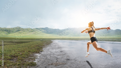 Sportswoman run race. Mixed media