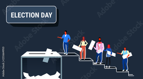 election day concept men women voters casting ballots at polling place during voting people putting paper ballot in box climbing stairs up full length sketch horizontal