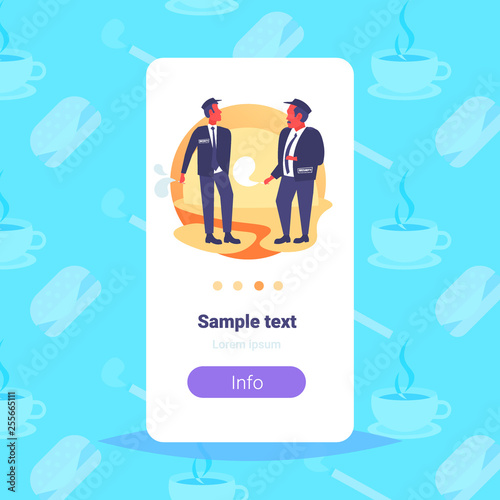 couple security guards smoking cigarette unhealthy lifestyle concept two men in uniform having break standing together male cartoon characters full length flat copy space