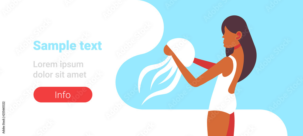african american girl holding jellyfish danger poisonous sea animal summer vacation concept female cartoon character portrait horizontal flat copy space