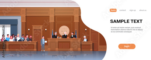 law process with judge jury suspect and lawyer or attorney giving a speech court session modern courtroom interior full length horizontal banner copy space