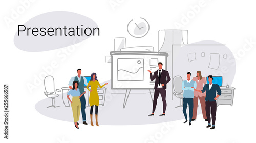 businesspeople group training conference meeting flip chart financial presentation concept business people teamwork modern office interior sketch doodle full length horizontal