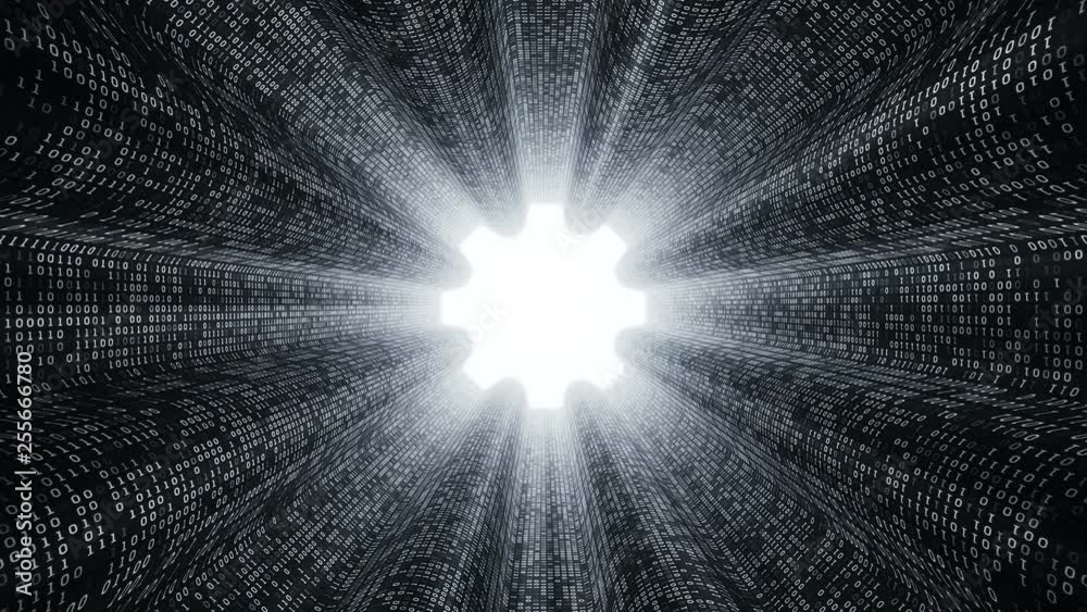 Abstract background with digital tunnel from binary code symbols 1 and 0 as technological sign with shine and light beams. Animation of seamless loop.