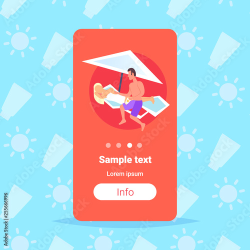 man applying suntan cream to his african american girlfriend sunbathing on beach sunbed sun protection cosmetic summer vacation concept cartoon characters full length copy space