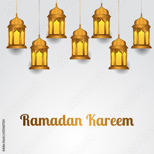 group illustration hanged group golden realistic lantern for islamic celebration event, ramadan kareem and mubarak