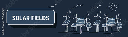 wind turbine solar energy panel fields renewable station alternative electricity source concept photovoltaic district sketch dark background horizontal banner