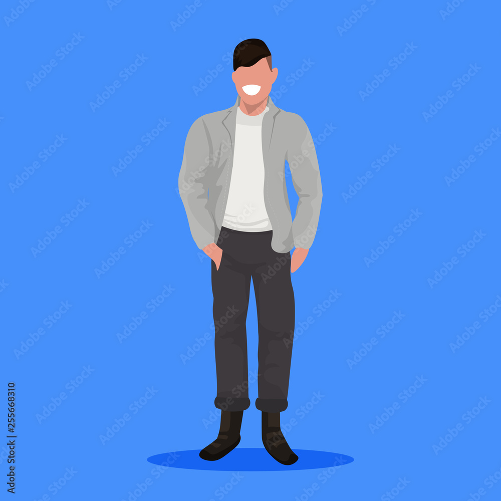 happy man in casual clothes standing pose guy with hands in pockets male  cartoon character full length flat blue background Stock Vector | Adobe  Stock