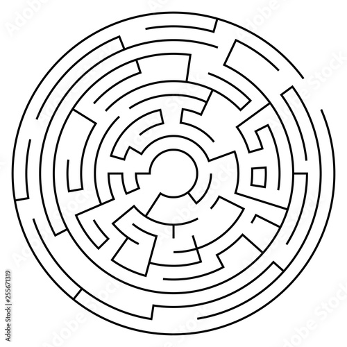 Circular labyrinth with entry and exit. Line maze game. Medium complexity. Vector 