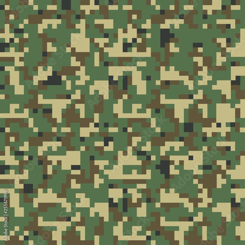 Pixel camo. Camouflage seamless pattern Vector illustration for printing on cloth, textile. Different shades of green color Abstract background in military style.