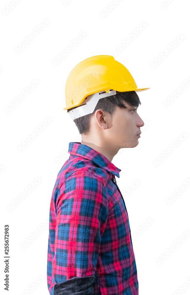 Side view Engineer construction and wear yellow safety helmet plastic on white background Side view Engineer construction and wear yellow safety helmet plastic on white background