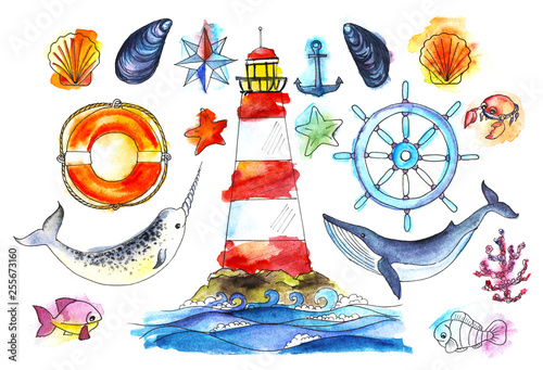 A large set of hand-drawn elements. Ocean theme. Colorful watercolor illustration. photo