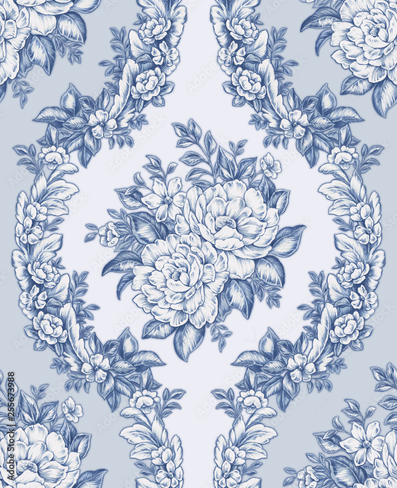 Damask Seamless Pattern Drawings : Roses and Leaves