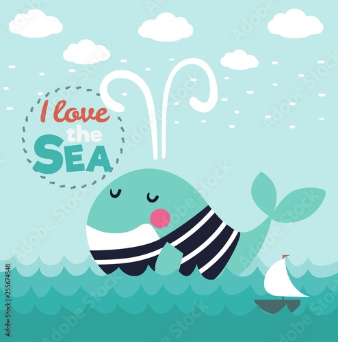 Cute funny whale with stripped shirt