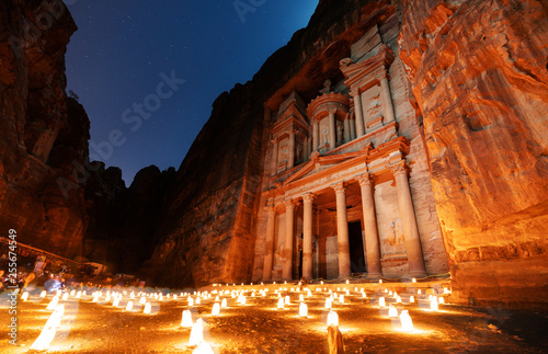 Petra by night  ancient architecture in canyon  Petra in Jordan. The rose city at night  famous travel destination in Middle-East  Jordan