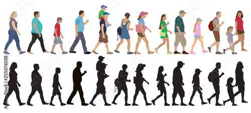 Set of walking people (crowd) and silhouettes, isolated. Vector illustration. photo