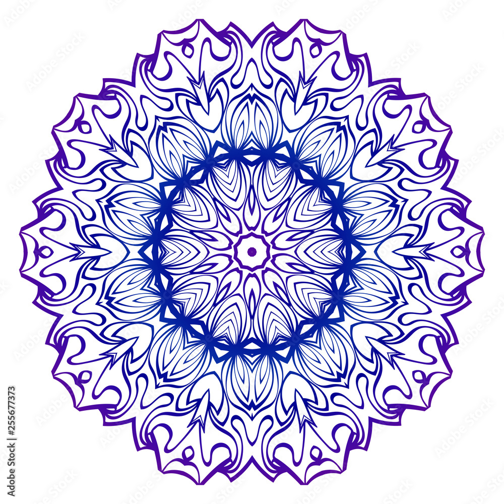 Indian Floral Mandala Pattern. Vector Henna Tattoo Style. Can Be Used For Textile, Greeting Card, Coloring Book, Phone Case Print. Blue purple gradient