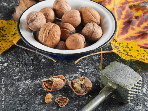 Walnuts in an enamel bowl, broken walnuts, kitchen hammer, fallen yellow leaves on gray concrete background. Autumn harvest. .