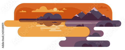 Summer landscape with fisherman and mountains. Vector illustration.