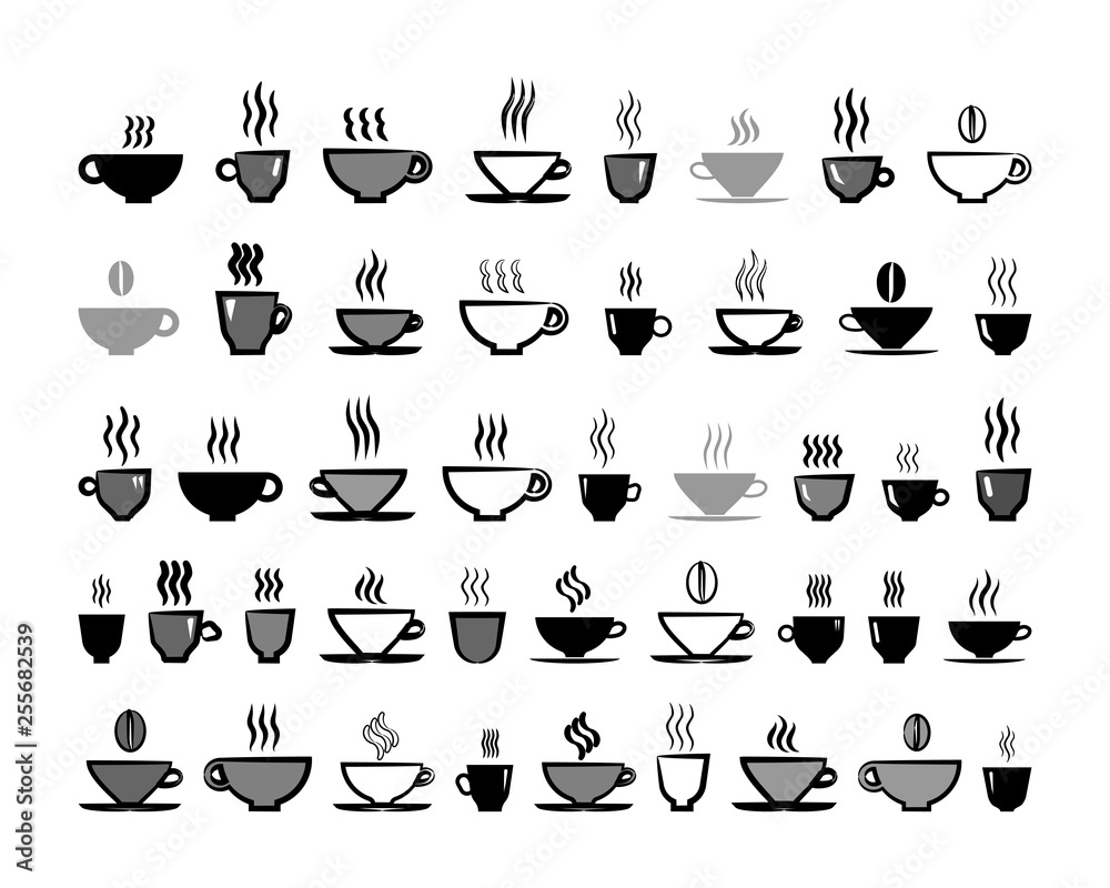 coffee set. various cups of coffee. vector silhouette and outline icons on white background coffee set. various cups of coffee. vector silhouette and outline icons on white background