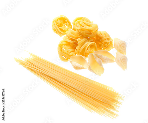 Raw dry tagliatelle noodle, conchiglioni, italian pasta isolated on white background