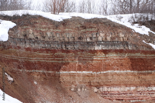  texture of different layers of clay underground in  clay quarry after geological study of soil.