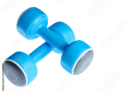 Two plastic blue dumbbells isolated on a white background. Sports concept.