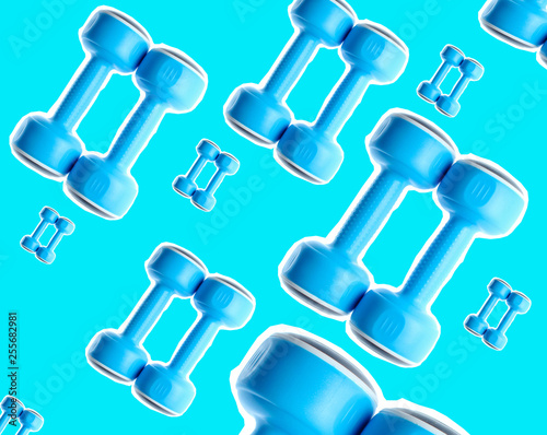 Creative background of many plastic blue dumbbells.Pop art, zine style. Sports concept. © splitov27