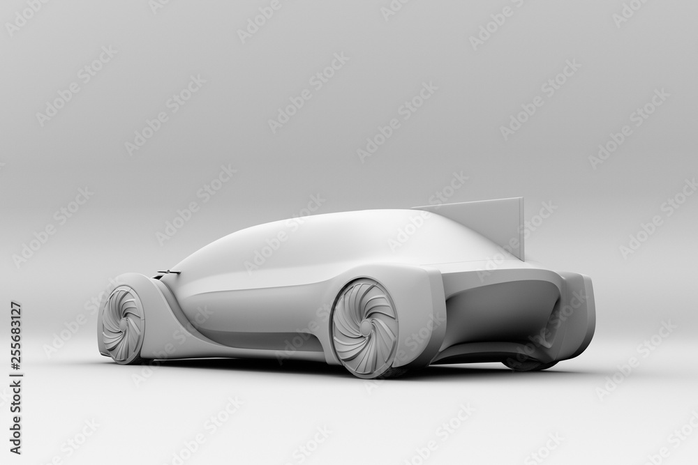 Rear view of clay rendering of self driving electric car exterior. 3D rendering image. Rear view of clay rendering of self driving electric car exterior. 3D rendering image.