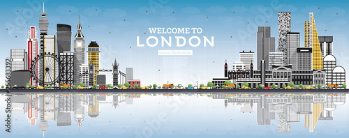 Welcome to London England Skyline with Gray Buildings, Blue Sky and Reflections.