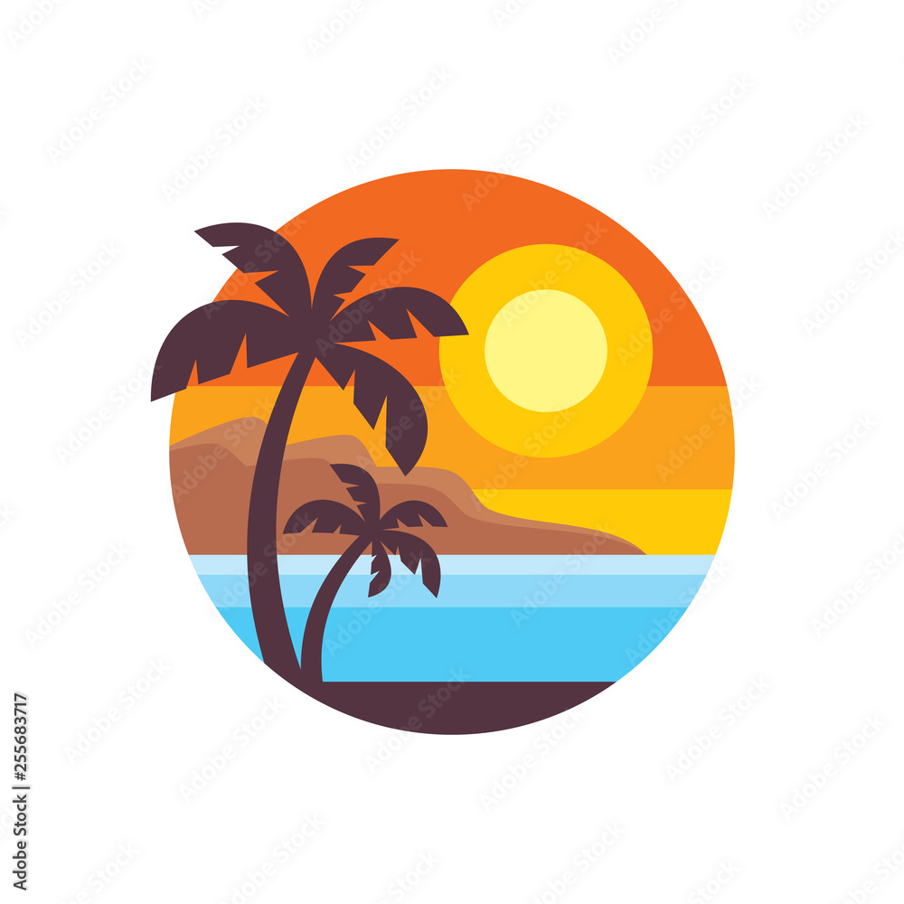 Summer holiday - concept business logo vector illustration in flat style. Tropical paradise creative badge. Palms, island, beach, sunrise, sea. Travel webbanner or poster. Graphic design element. 