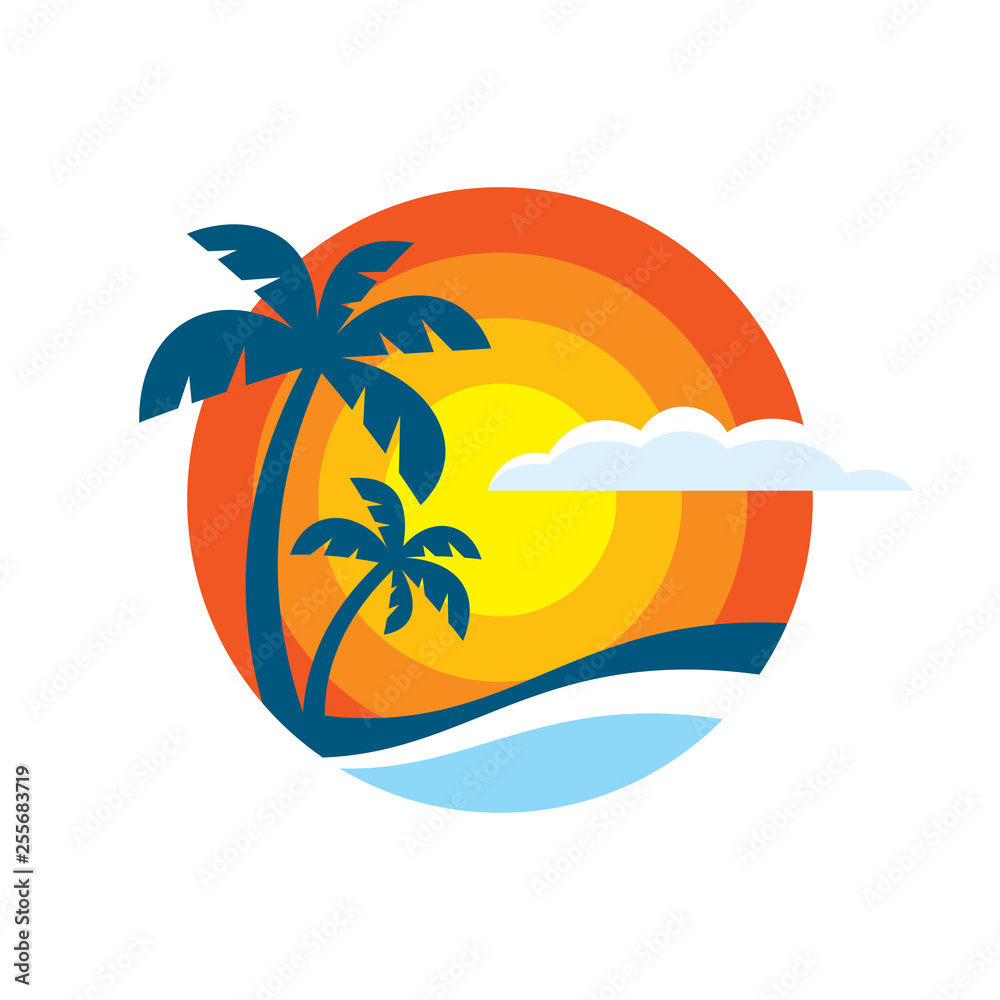Summer travel - concept business logo template vector illustration. Paradise vacation creative icon sign in flat design style. T-shirt badge. Palm trees, sea wave, sun, cloud. 