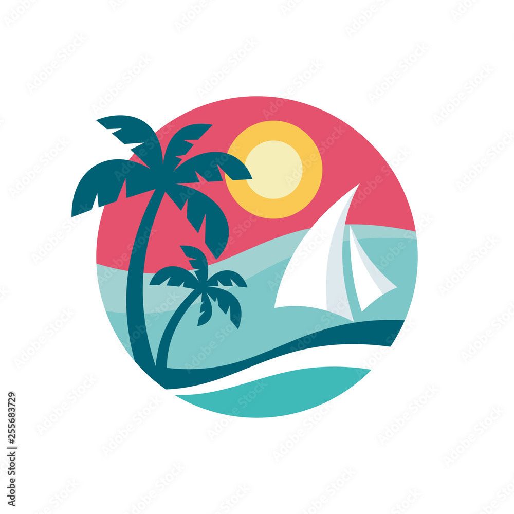 Summer holiday - concept business logo vector illustration in flat style. Tropical paradise creative badge. Palms, coast, sun, sea wave. Travel webbanner or poster. T-shirt badge. Graphic design.