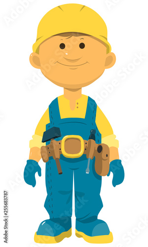 Vector cute little boys drilling. Vector little boys with various hair colors. Little builders vector illustration
