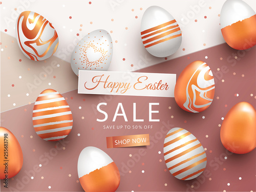 Easter Sale banner design with rose gold ornate eggs and confetti. Holiday Easter background with place for your text. Modern style greeting card or invitation. Flyer, poster template