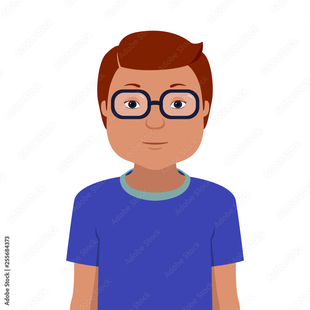 Student in glasses and blue t-shirt. Vector illustration.