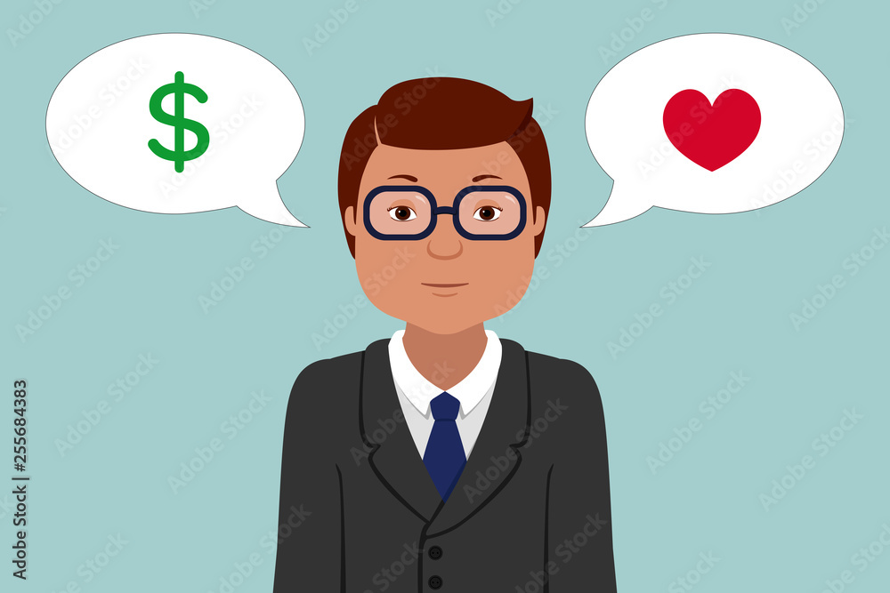 Employee in suit choose between love and money. Vector illustration. Employee in suit choose between love and money. Vector illustration.