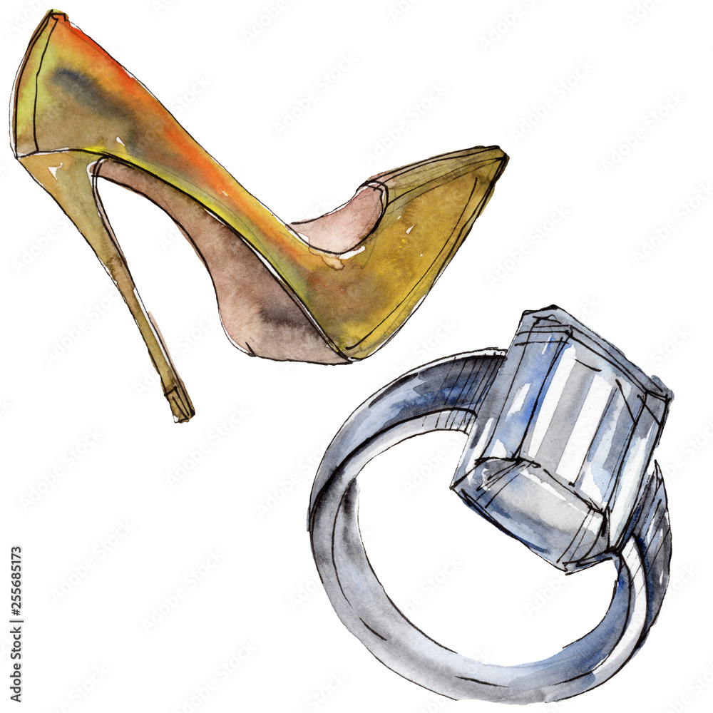 Ring and shoe sketch glamour illustration in a watercolor style isolated element. Watercolour background set.