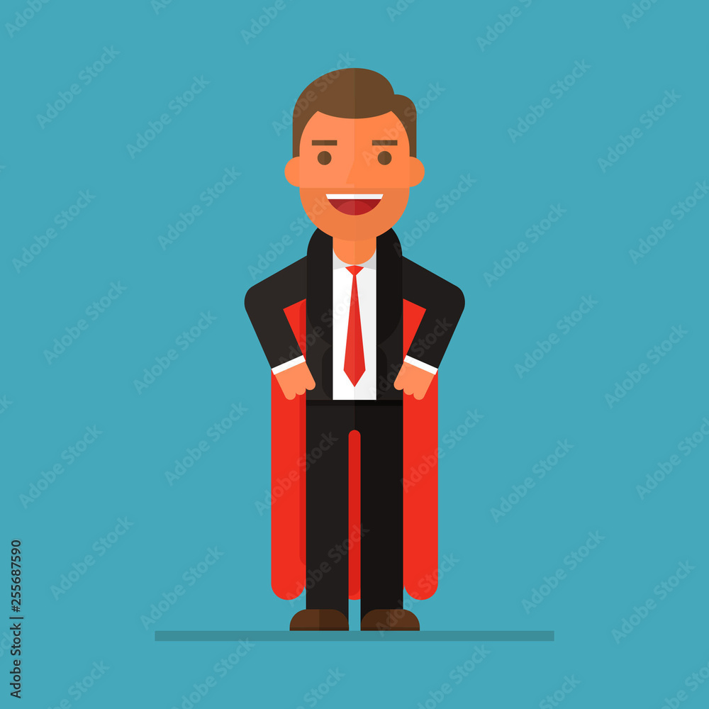 Confident businessman in black suit and red cape Confident businessman in black suit and red cape