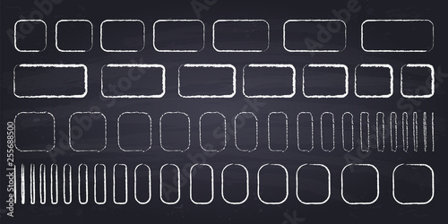Chalk drawn squares and rectangles with rounded corners. Hand drawn geometric figures on chalkboard background.