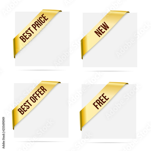 Sale gold corner ribbons. New, best offer, best price, free messages. Vector design elements set