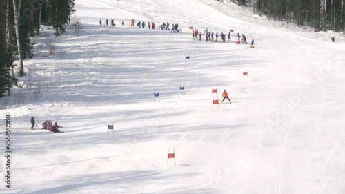 View of the winter mountains and ski slopes. photo