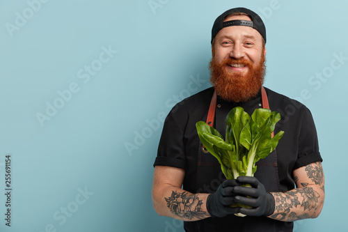 Dieting and healthy eating concept. Cheerful male chef holds green salad, shares recipe of vegetarian dish, supports healthy ration, says eat vegetables which contain vitamins, likes cooking process photo