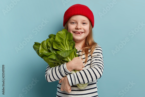 Children and healthy eating concept. Happy female child holds bok choy, returns from vegetable garden, being vegeterian, wears red hat and striped jumper, has good mood, wants to make salad. photo