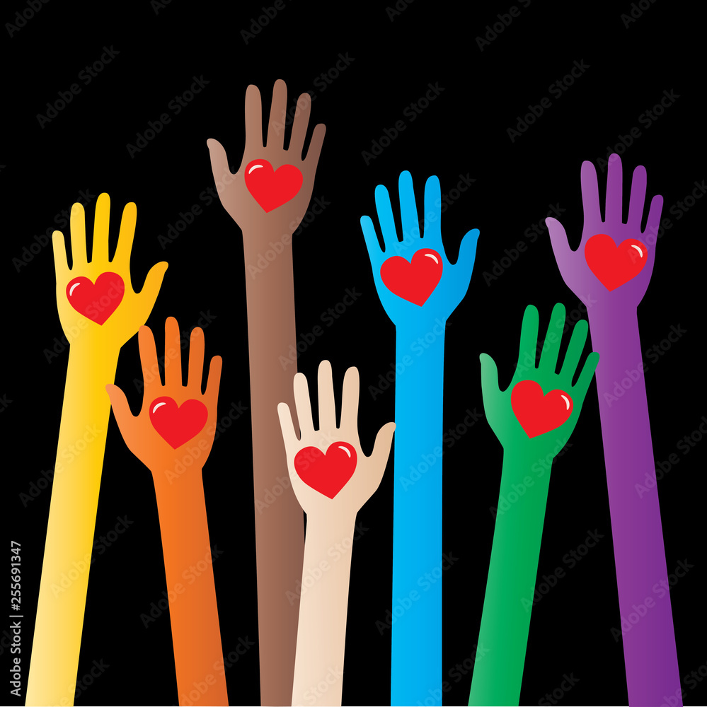 Obraz premium print,pattern,reaching,reach,hand,hands,arm,arms,diversity,diverse,mixed,ethnic,ethnicity,human,illustration,illustrations,image,images,cartoon,love,heart,hearts,message,global,friends,friendship,