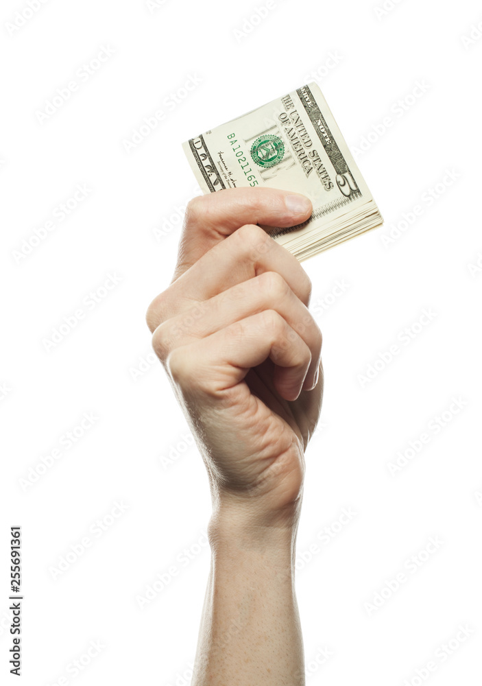 5 American dollars in hand on white background, business and financial concept 5 American dollars in hand on white background, business and financial concept