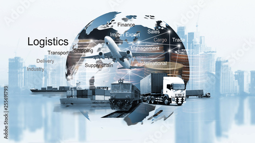 Abstract image of the world logistics, there are world map background and container truck, ship in port and airplane